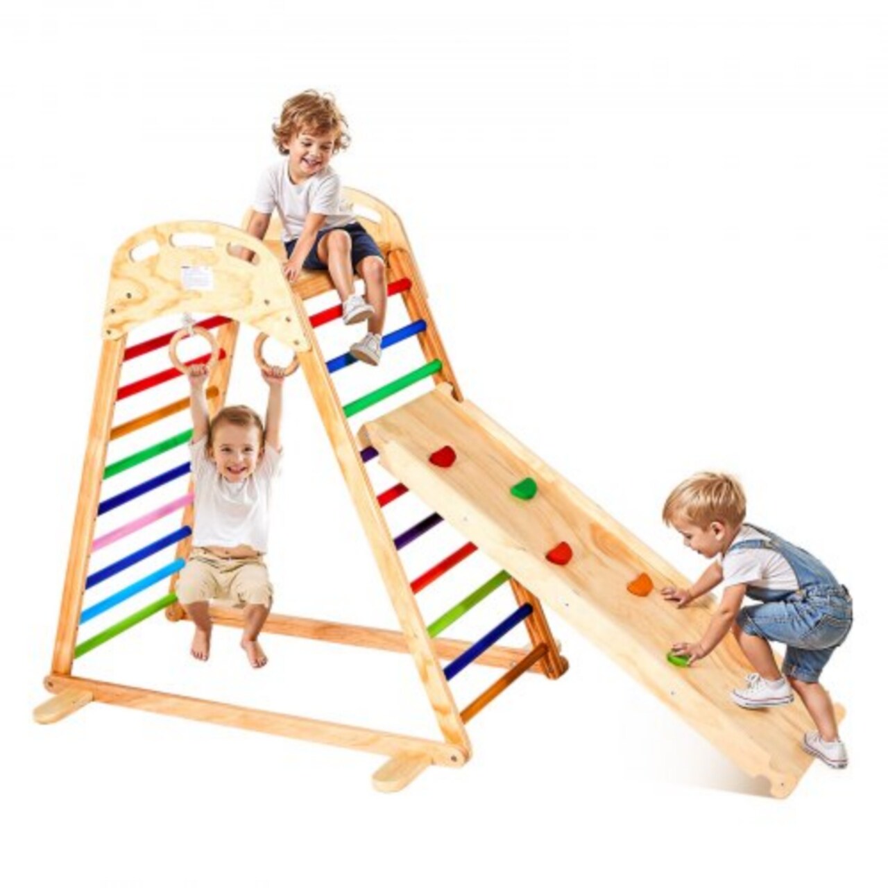 4-in-1 Wooden Indoor Jungle Gym for Kids with Slide, Climbing Rock, Ladder & Gym Rings